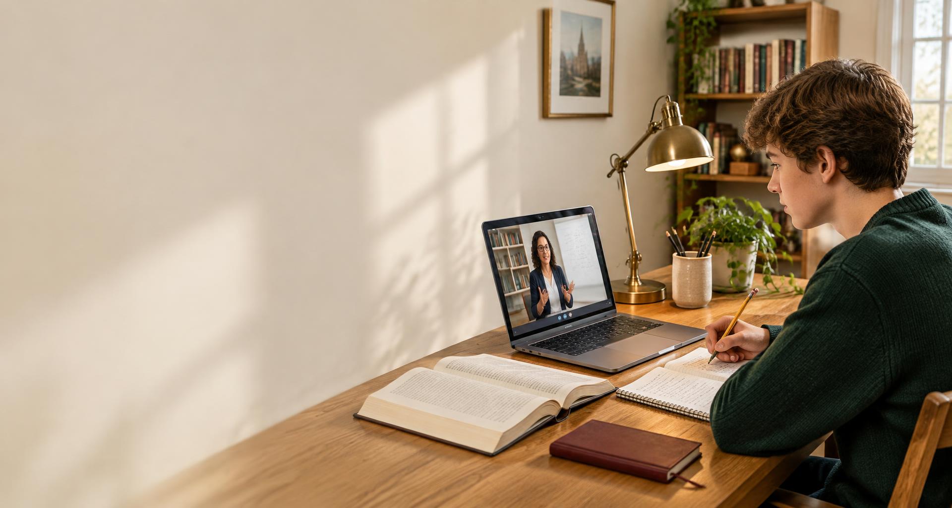 Illustrative virtual learning scene with a teenage student studying on a laptop at home